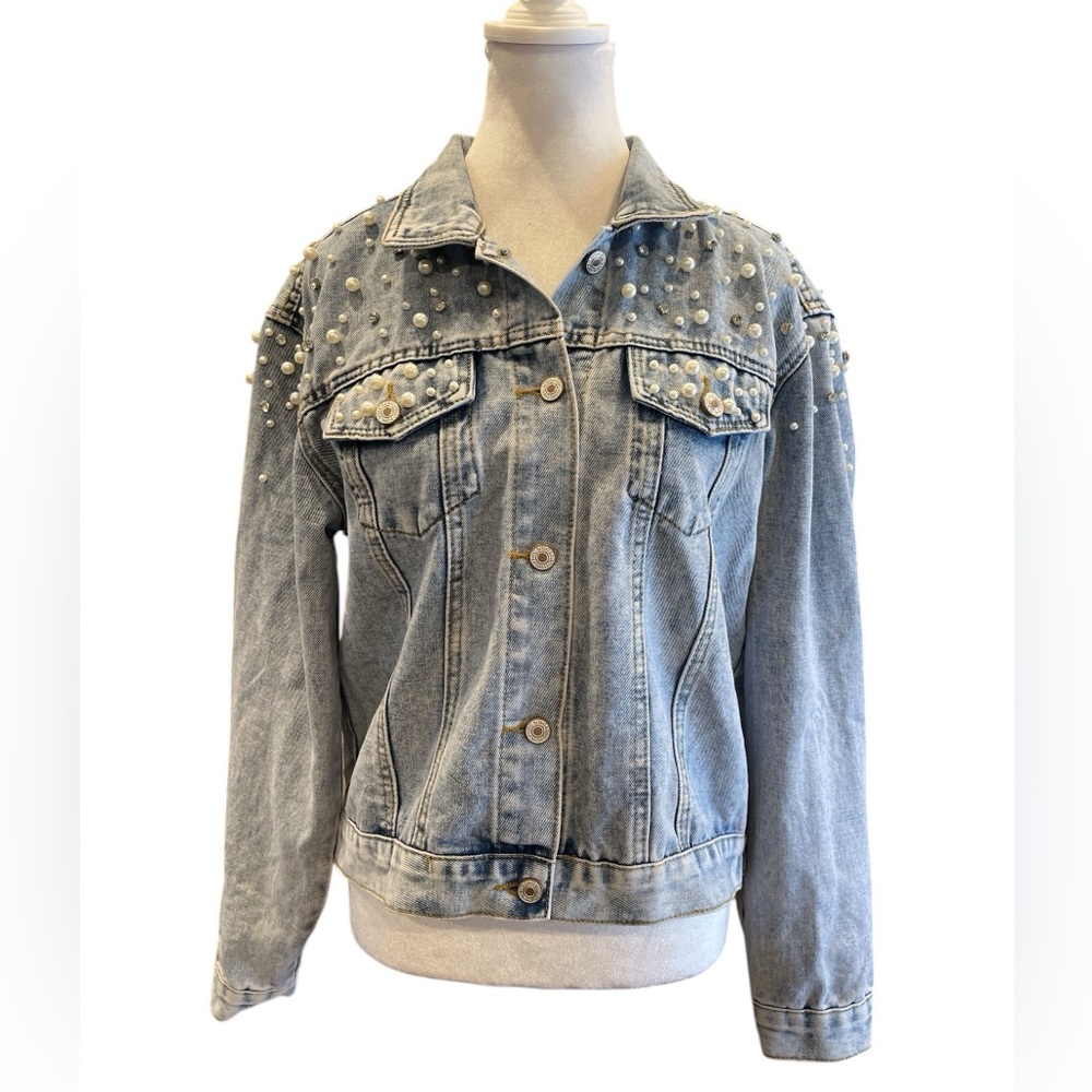 Pearl Embellished Wifey Bride Denim Jacket Bridal Shower Bachelorette M-L